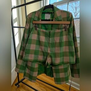 Avec Les Filles Green and Cream Plaid Blazer and Short Set